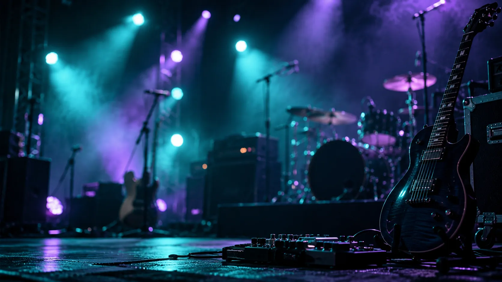 Empty concert stage with guitars and drums under teal and purple lights