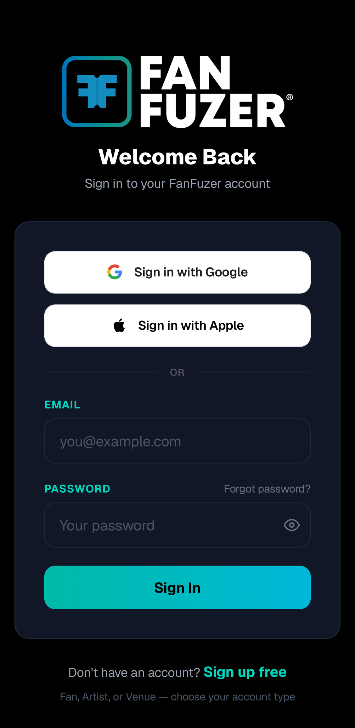 FanFuzer App Login Screen